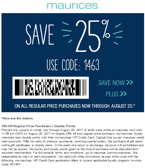 Maurices Coupon April 2024 25% off at Maurices, or online via promo code 1463