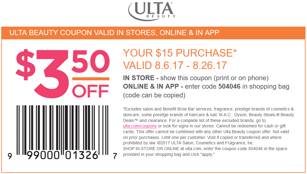 Ulta Beauty Coupon April 2024 $3 off $15 at Ulta Beauty, or online via promo code 504046