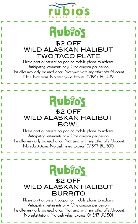 Rubios Coupon April 2024 $2 off Halibut tacos, bowl or burrito at Rubios restaurants