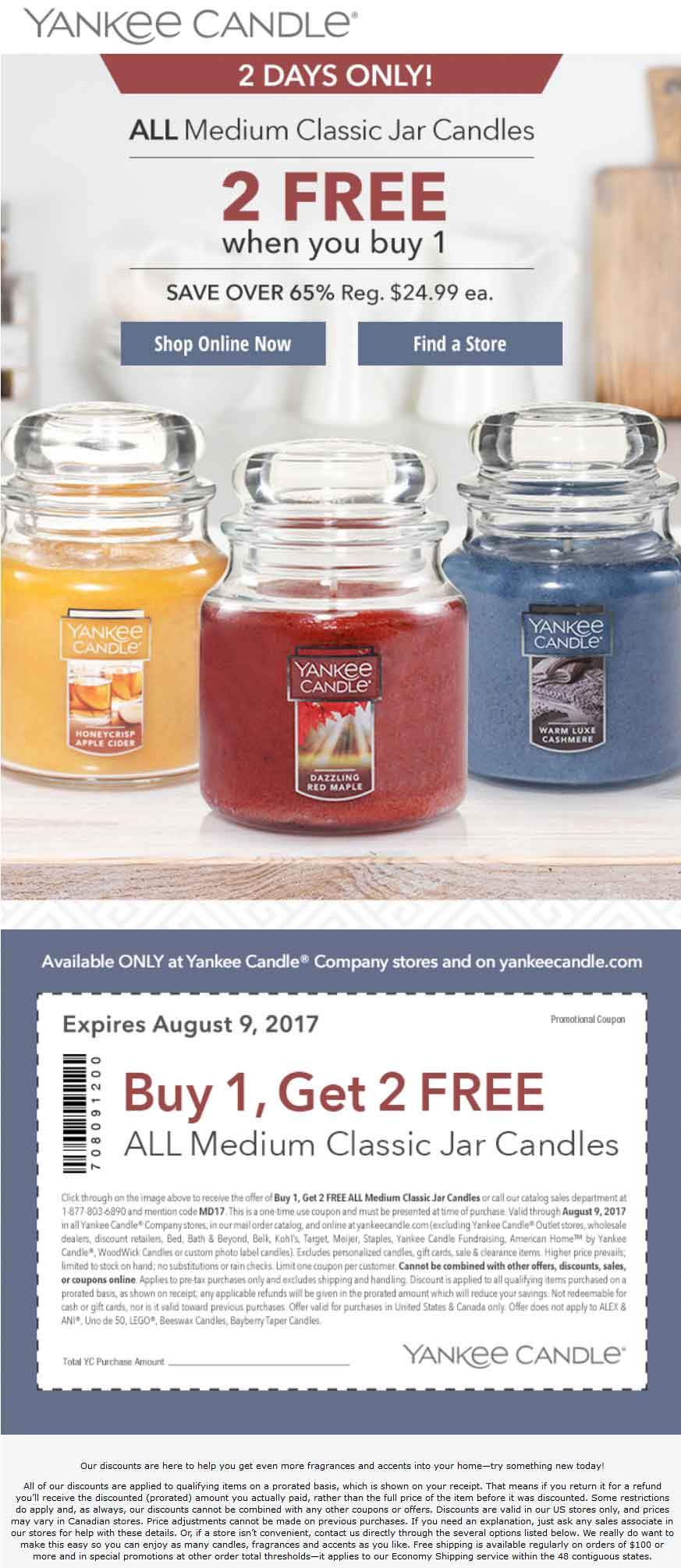 Yankee Candle Coupon April 2024 3-for-1 on medium candles today at Yankee Candle, or online via promo code MD17