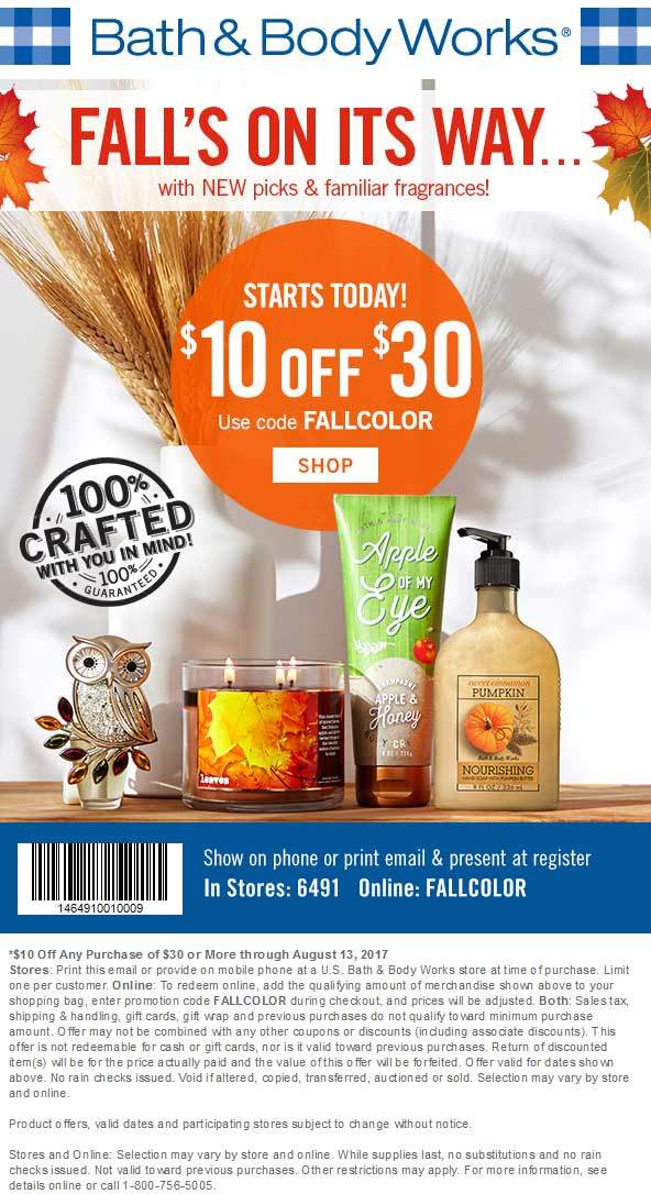 Bath & Body Works Coupon April 2024 $10 off $30 at Bath & Body Works, or online via promo code FALLCOLOR
