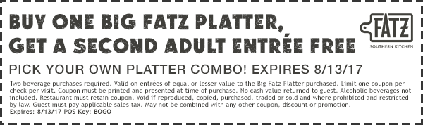 Fatz Coupon March 2024 Second entree free at Fatz southern kitchen restaurants