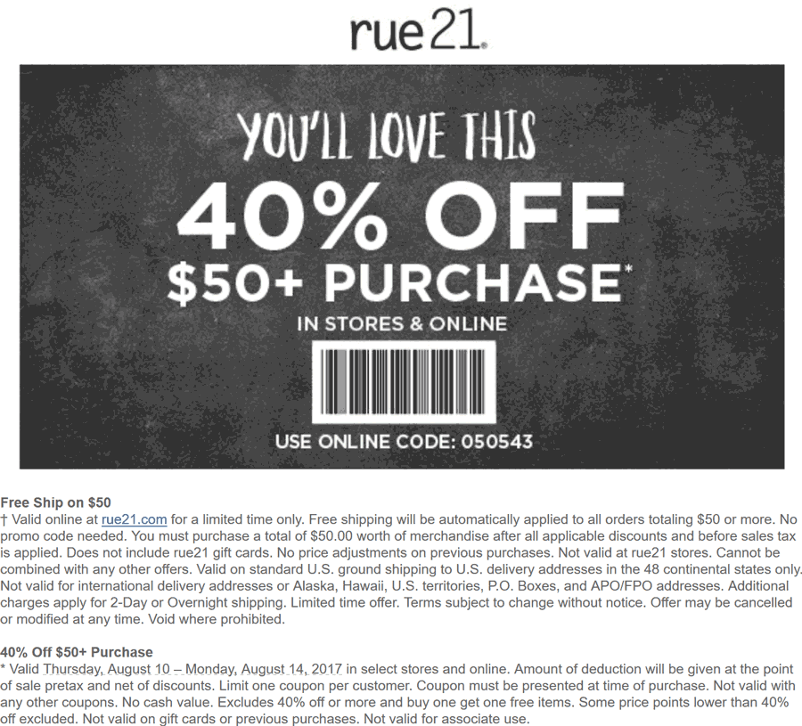 Rue21 Coupon April 2024 40% off $50+ at rue21, ditto online