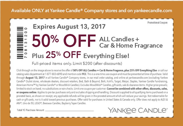 Yankee Candle Coupon April 2024 50% off all candles at Yankee Candle, or online via promo code YCC