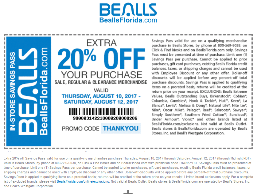 Bealls Coupon March 2024 Extra 20% off at Bealls, or online via promo code THANKYOU