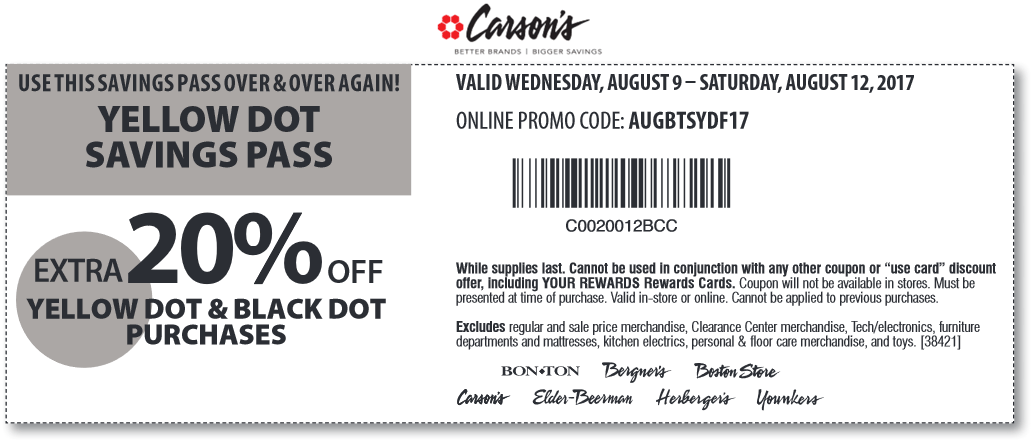 Carsons Coupon April 2024 Extra 20% off clearance at Carsons, Bon Ton & sister stores, or online via promo code AUGBTSYDF17