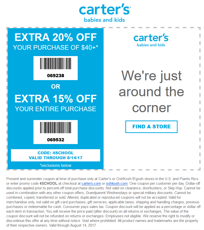 Carters Coupon May 2024 15-20% off at Carters, or online via promo code 4SCHOOL