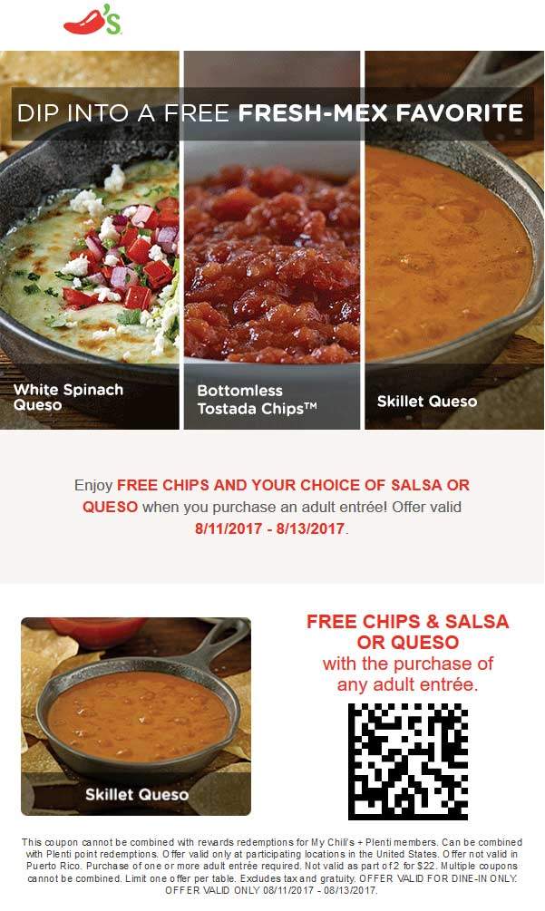 Chilis Coupon April 2024 Free chips & queso with your entree at Chilis