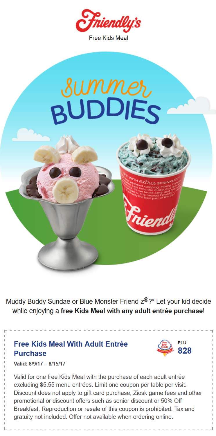 Friendlys Coupon April 2024 Free kids meal with yours at Friendlys