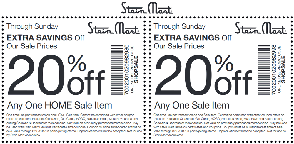 Stein Mart Coupon April 2024 Extra 20% off a sale item at Stein Mart, or online via promo code SHOPSALE