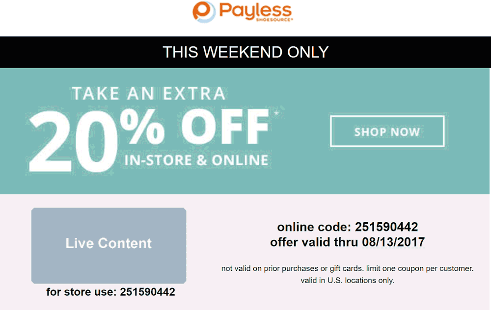 Payless Shoesource Coupon March 2024 Extra 20% off at Payless Shoesource, or online via promo code 251590442