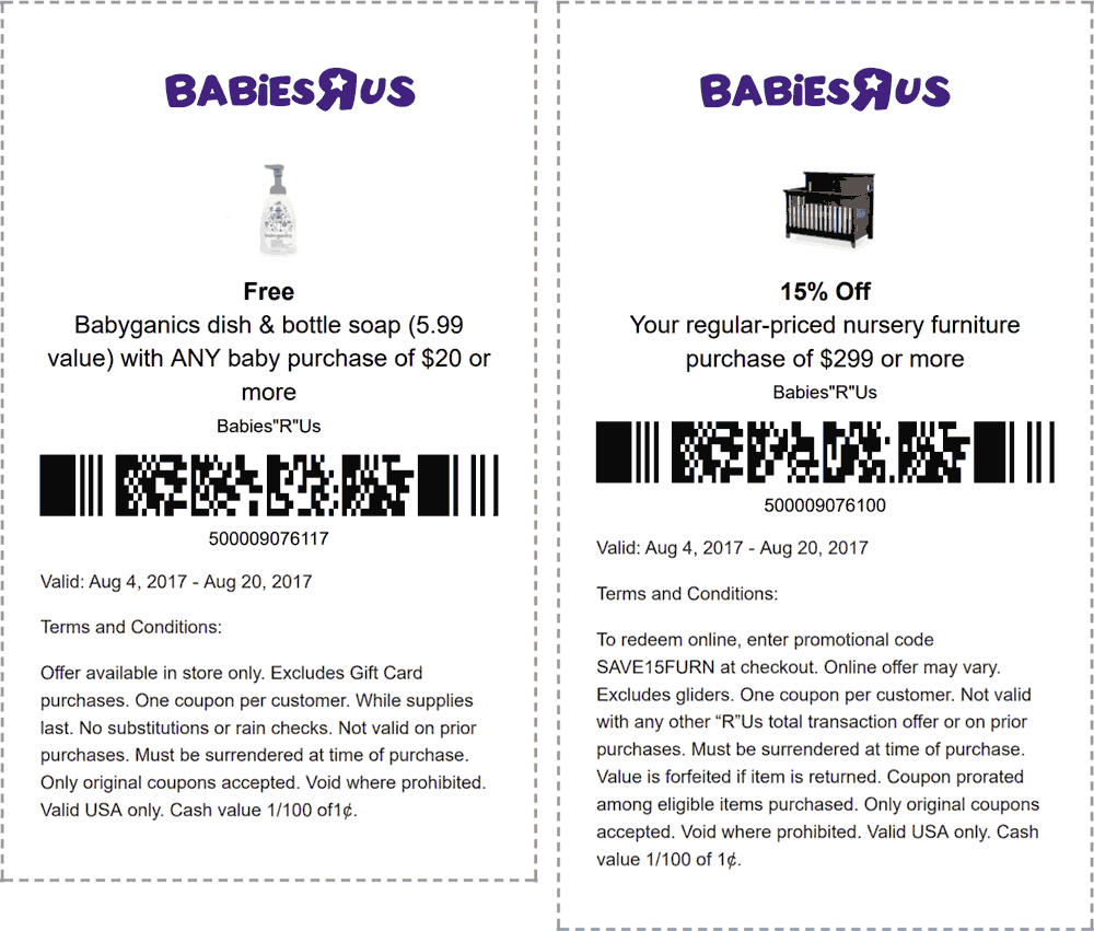Babies R Us Coupon April 2024 $6 dish & bottle soap free with $20 spent & more at Babies R Us