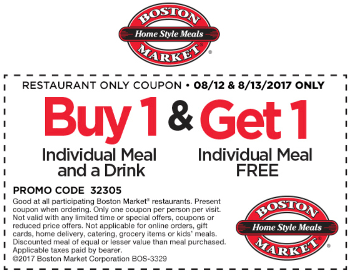 Boston Market Coupon March 2024 Seond meal free today at Boston Market