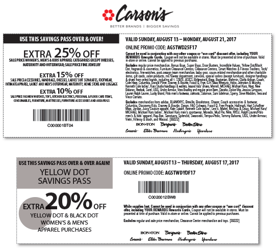 Carsons Coupon April 2024 Extra 25% off at Carsons, Bon Ton & sister stores, or online via promo code AGSTWD25F17
