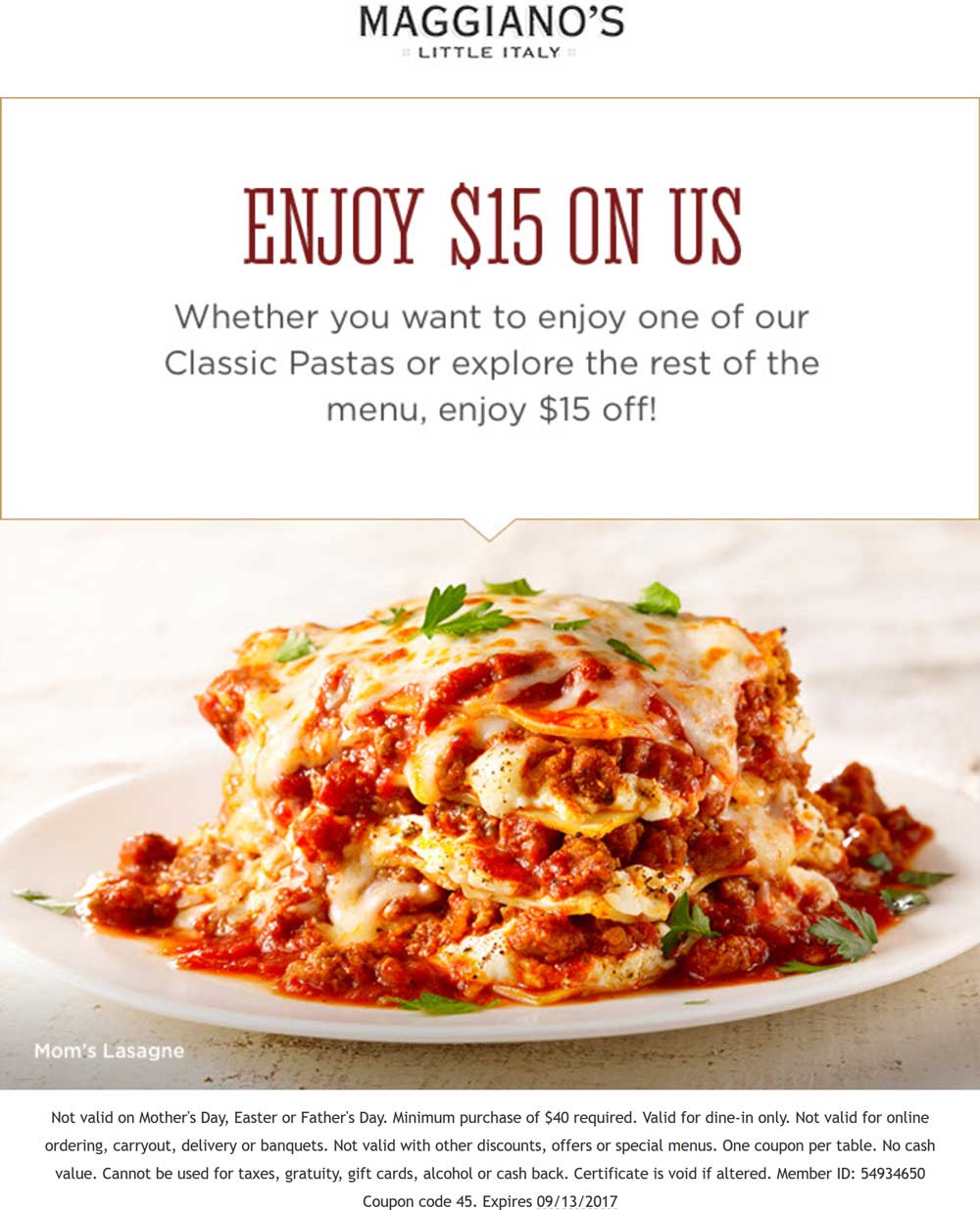 Maggianos Little Italy Coupon April 2024 $15 off $40 at Maggianos Little Italy restaurants