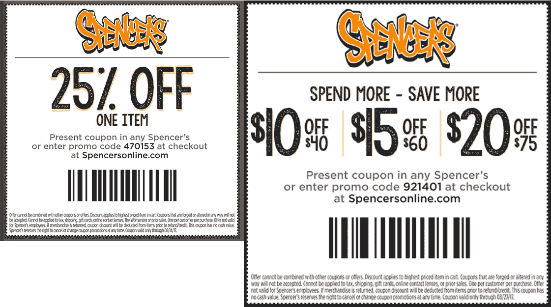 Spencers Coupon April 2024 $10 off $40 & more at Spencers, or online via promo code 921401