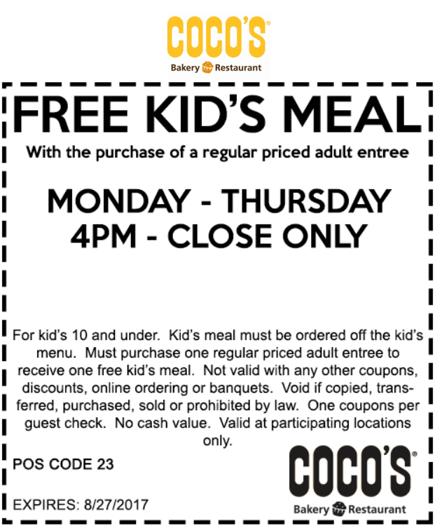 Cocos Coupon April 2024 Free kids meal with yours at Cocos bakery restaurant