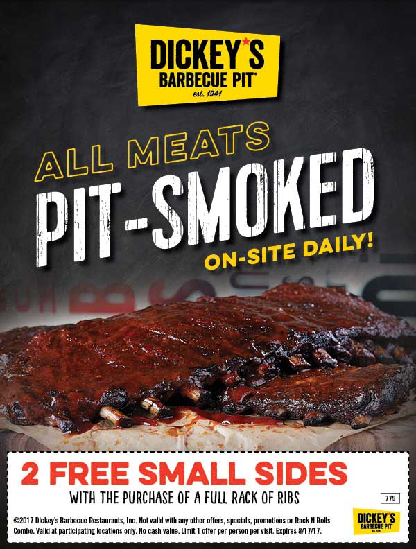 Dickeys Barbecue Pit Coupon April 2024 2 sides free with your ribs at Dickeys Barbecue Pit restaurants