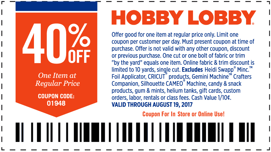 Hobby Lobby Coupon April 2024 40% off a single item at Hobby Lobby, or online via promo code 01948
