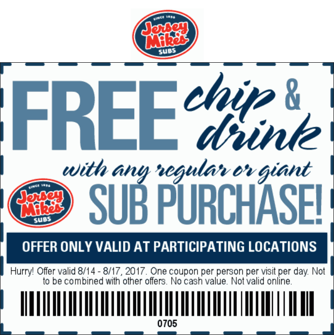 Jersey Mikes Coupon April 2024 Free chips & drink with your sub at Jersey Mikes