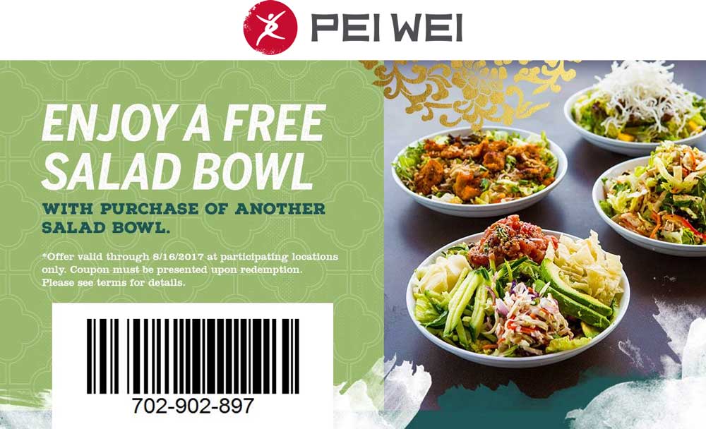 Pei Wei Coupon April 2024 Second salad bowl free at Pei Wei restaurants