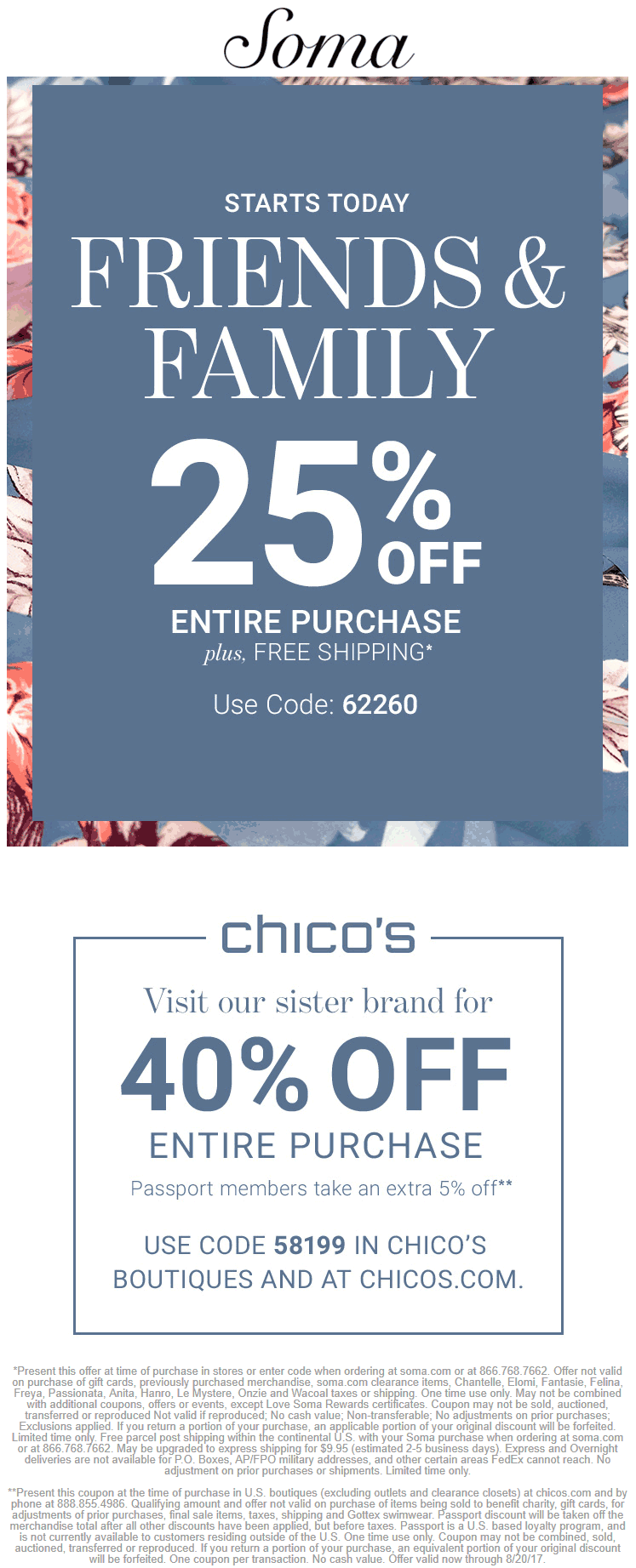 Soma Coupon April 2024 25% off at Soma & 40% off at Chicos, or online via promo code 62260 & 58199