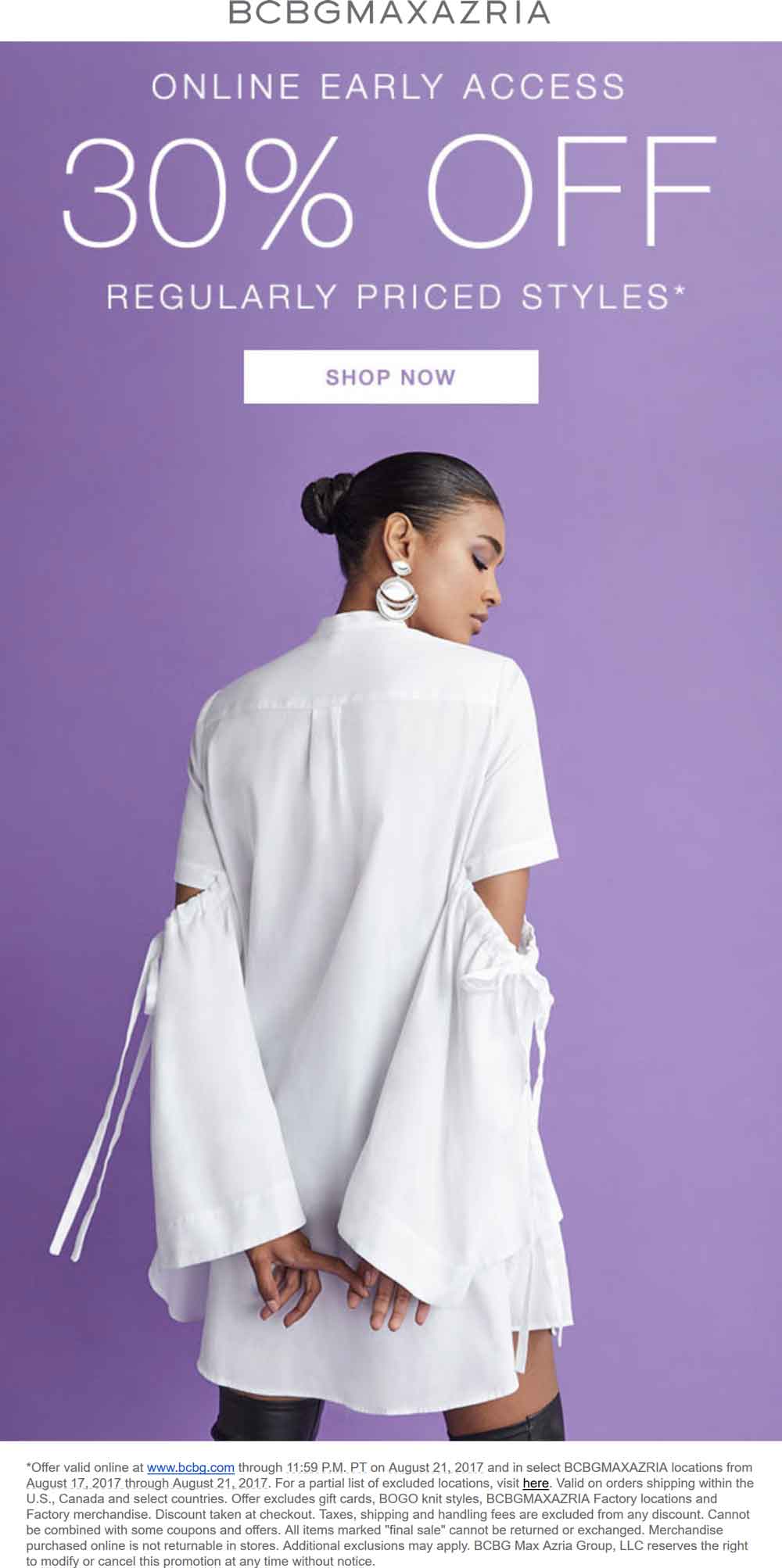 BCBG Coupon April 2024 30% off at BCBGMAXAZRIA, ditto online