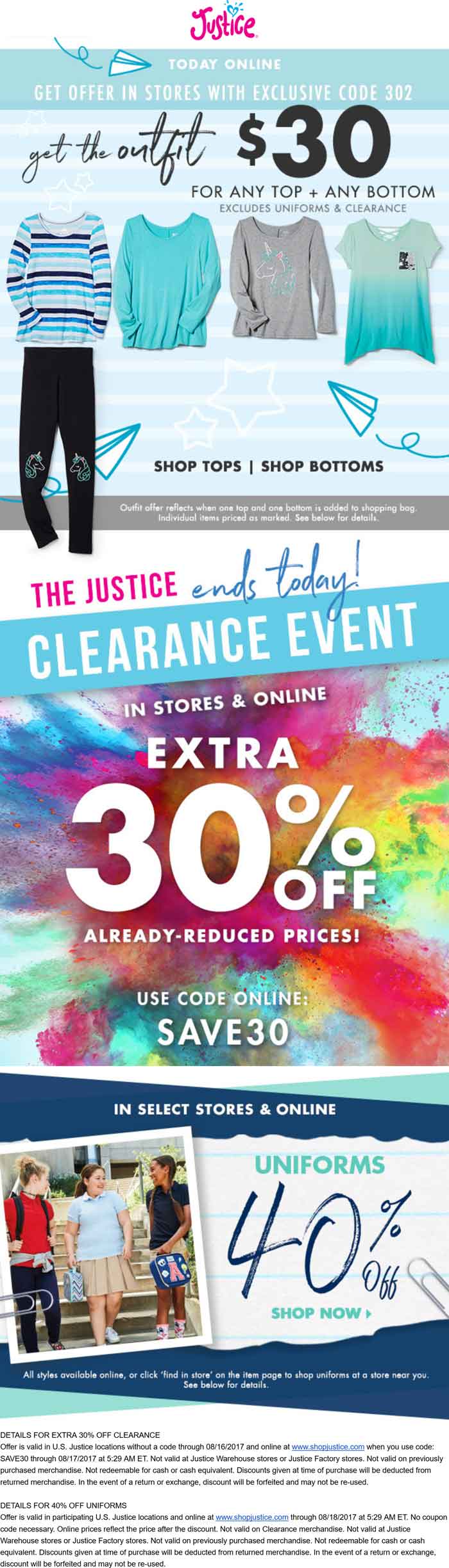 Justice Coupon April 2024 Extra 30% off clearance today at Justice, or online via promo code SAVE30
