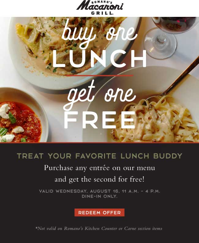 Macaroni Grill Coupon April 2024 Second lunch free today at Macaroni Grill