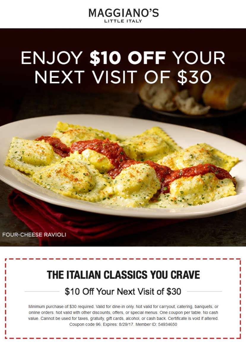 Maggianos Little Italy Coupon April 2024 $10 off $30 at Maggianos Little Italy restaurant