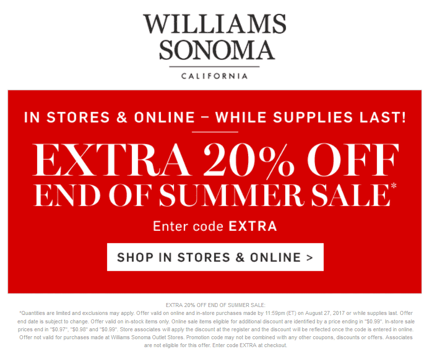 Williams Sonoma Coupon April 2024 Extra 20% off at Williams Sonoma, or online via promo code EXTRA