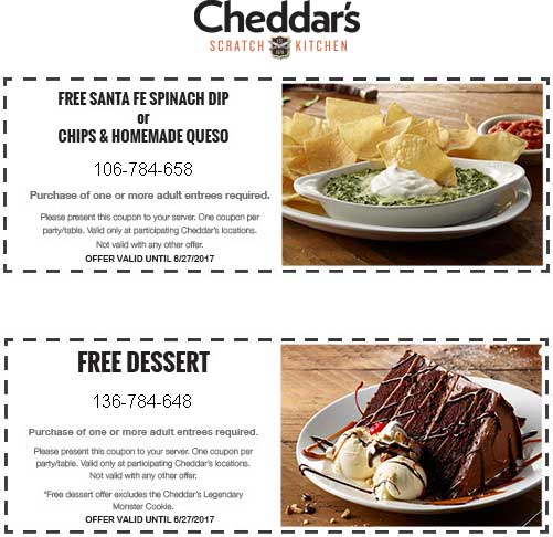 Cheddars Scratch Kitchen Coupon April 2024 Free chips & dip or dessert with your entree at Cheddars Scratch Kitchen