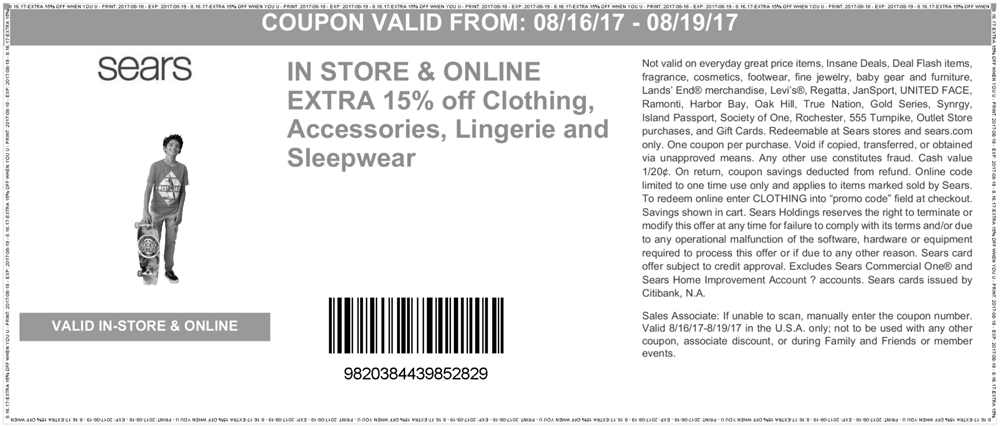 Sears Coupon April 2024 Extra 15% off apparel at Sears, or online via promo code CLOTHING
