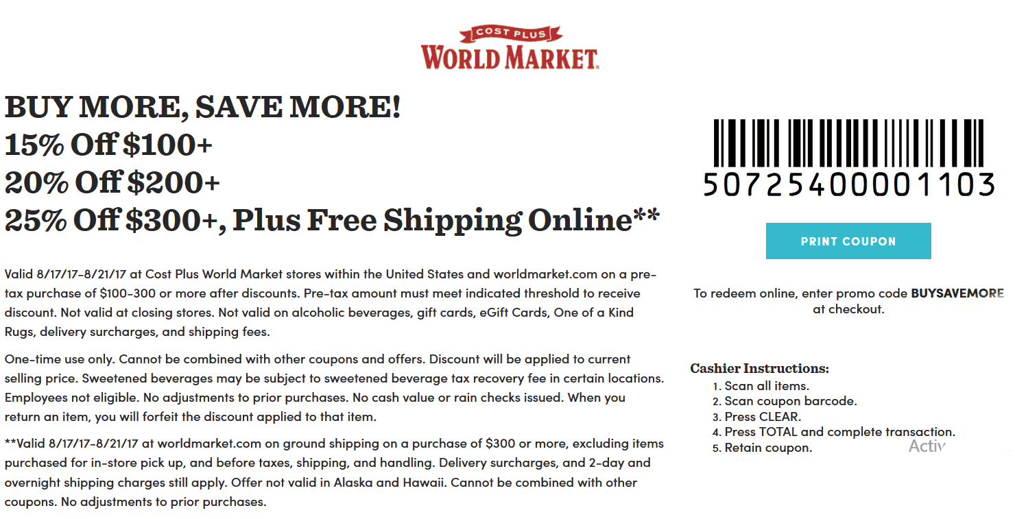 World Market Coupon April 2024 15-25% off $100+ at Cost Plus World Market, or online via promo code BUYSAVEMORE