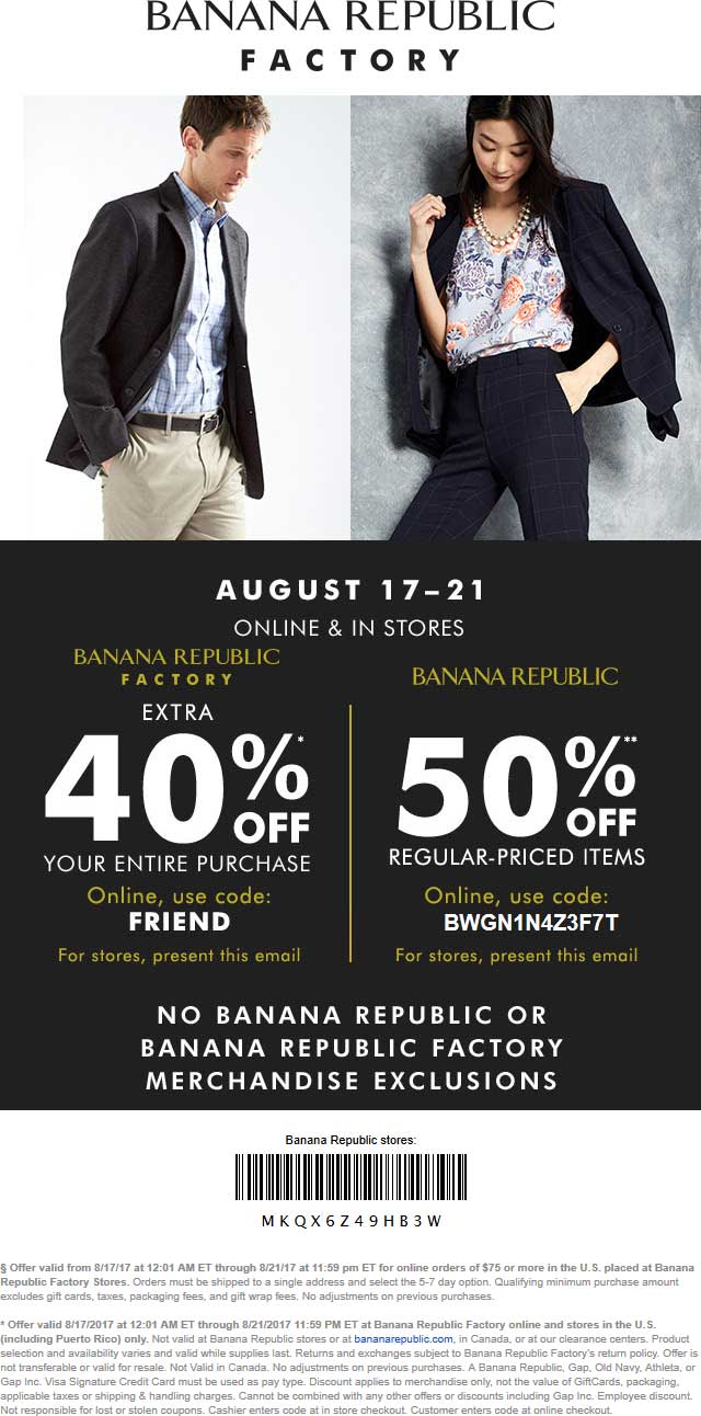 Banana Republic Coupon April 2024 40-50% off at Banana Republic & factory locations, or online via promo code BWGN1N4Z3F7T