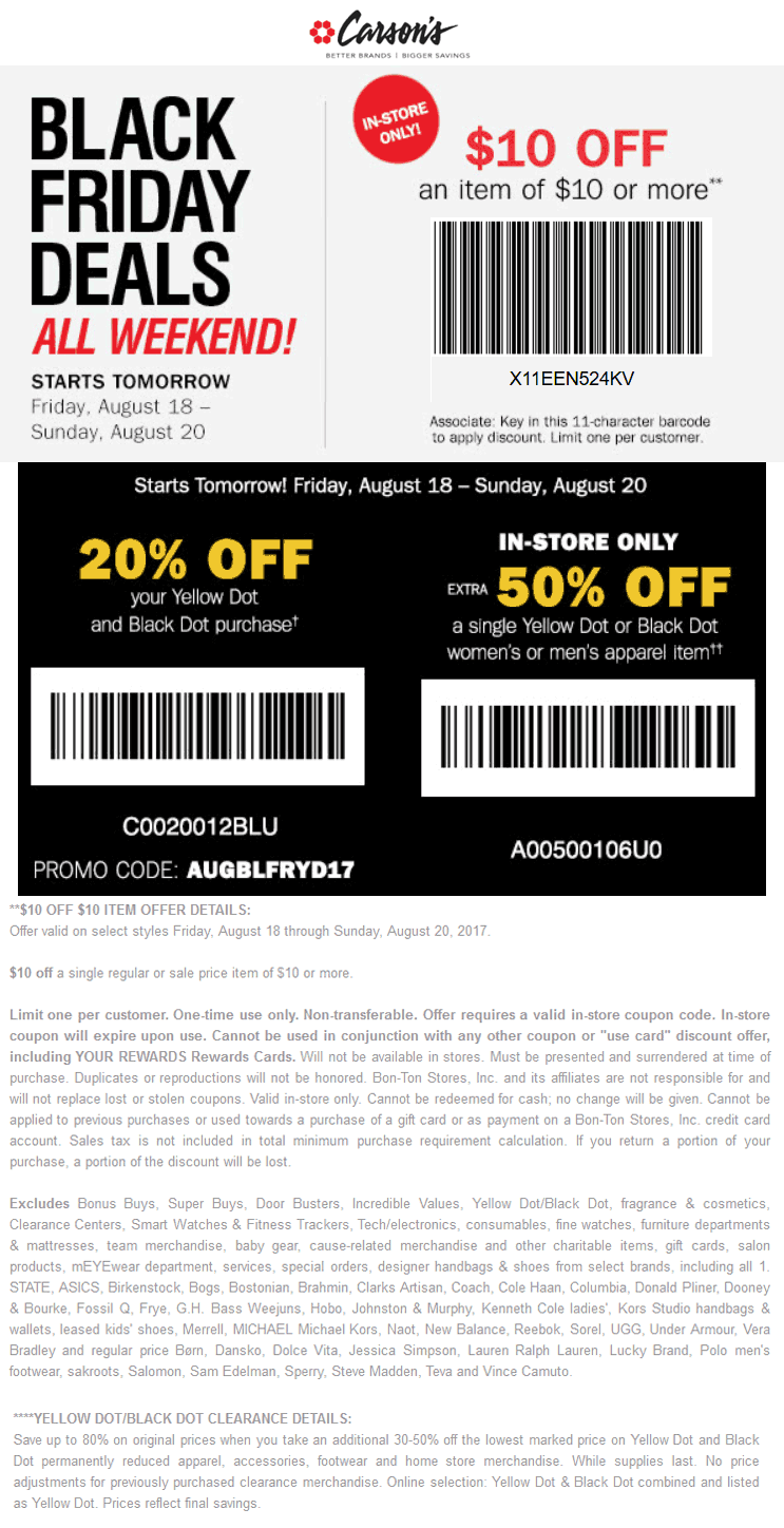 Carsons Coupon April 2024 $10 off $10 & more at Carsons, Bon Ton, Bergners, Herbergers & Younkers
