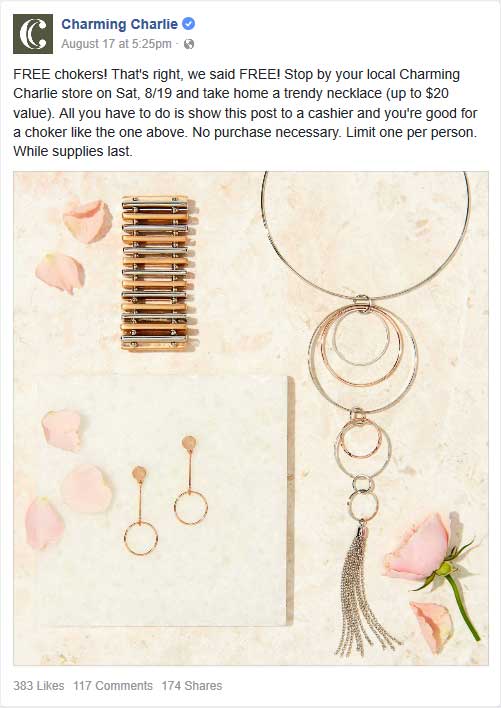 Charming Charlie Coupon April 2024 $20 choker necklace free today at Charming Charlie, no purchase necessary