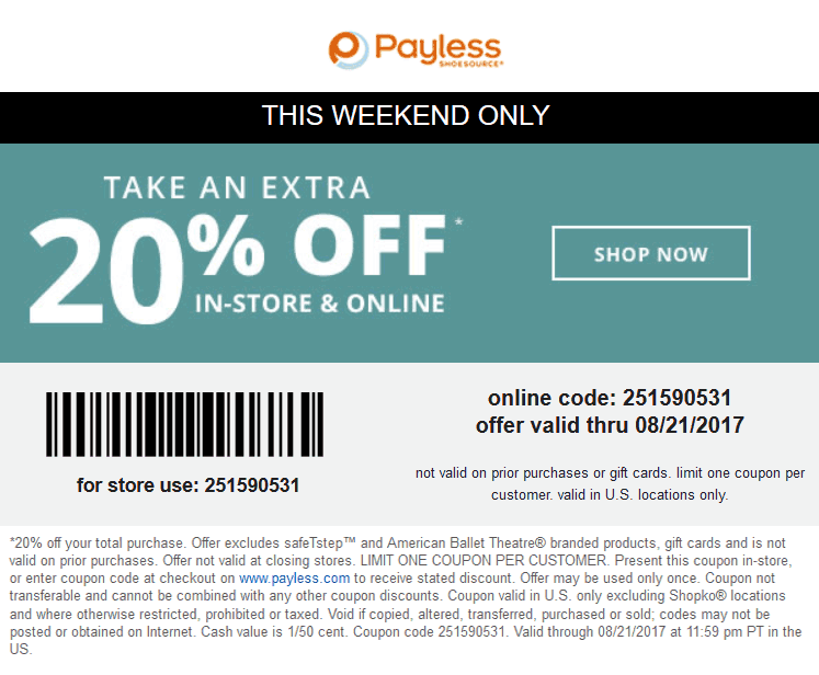Payless Shoesource Coupon April 2024 Extra 20% off at Payless Shoesource, or online via promo code 251590531