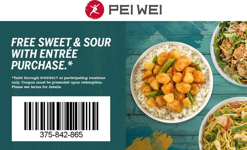Pei Wei Coupon April 2024 Free sweet & sour rice bowl with your entree at Pei Wei