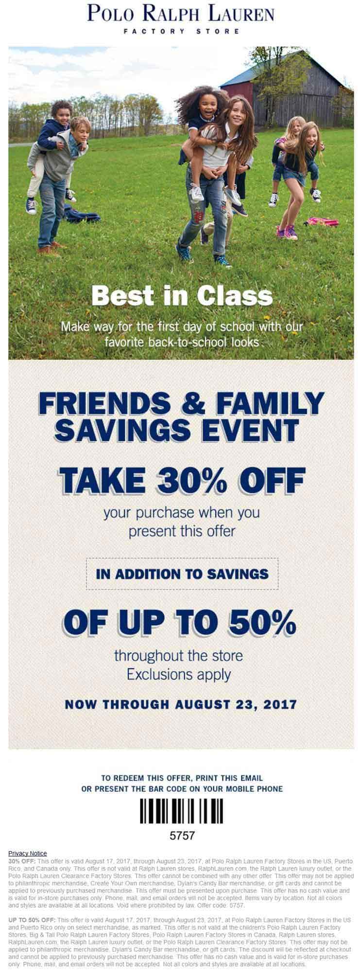 Polo Ralph Lauren Factory Coupon March 2024 Extra 30% off at Polo Ralph Lauren Factory locations