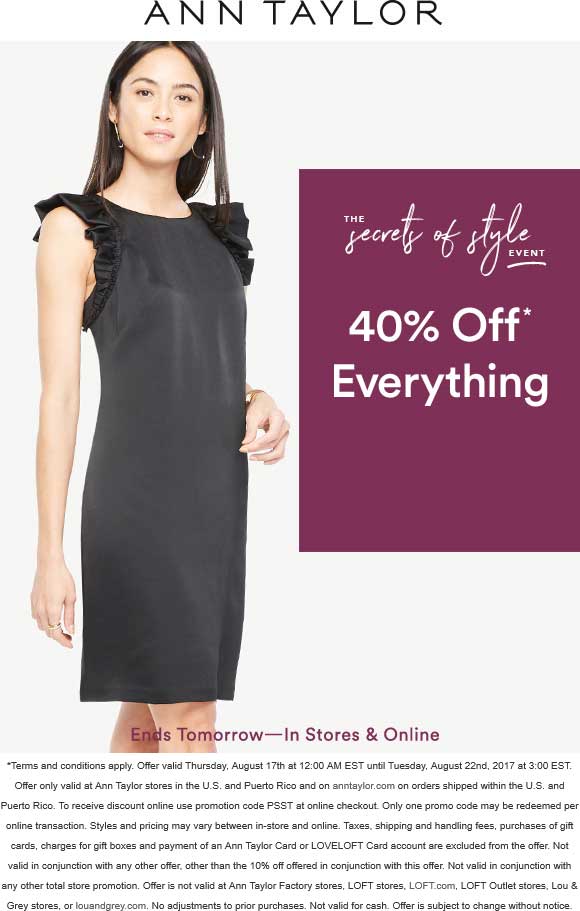 Ann Taylor Coupon April 2024 40% off everything at Ann Taylor, ditto online