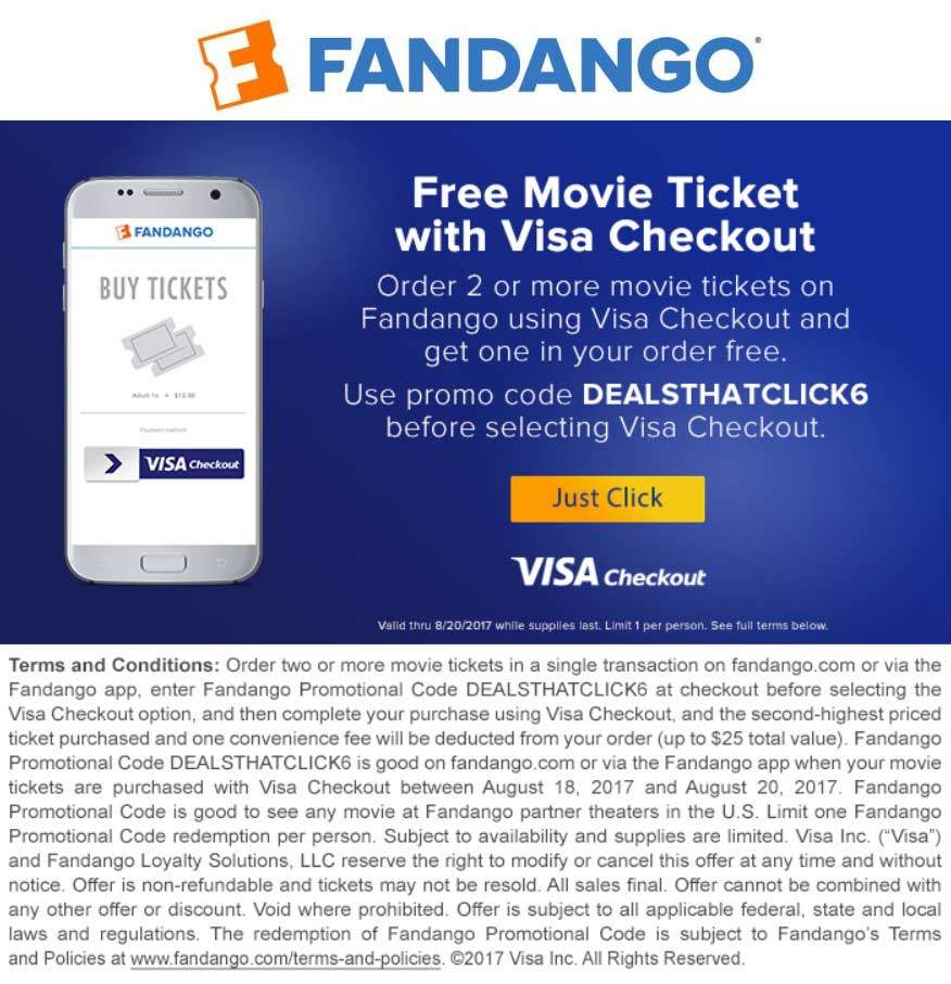 Fandango Coupon March 2024 Second movie ticket free today at Fandango via promo code DEALSTHATCLICK6
