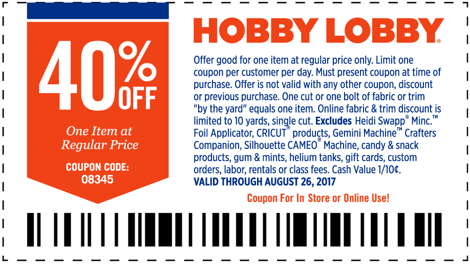 Hobby Lobby Coupon May 2024 40% off a single item at Hobby Lobby, or online via promo code 08345