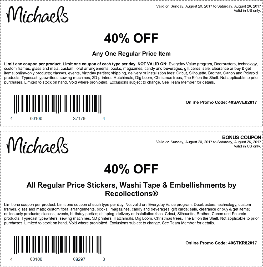 Michaels Coupon April 2024 40% off a single item at Michaels, or online via promo code 40SAVE82017