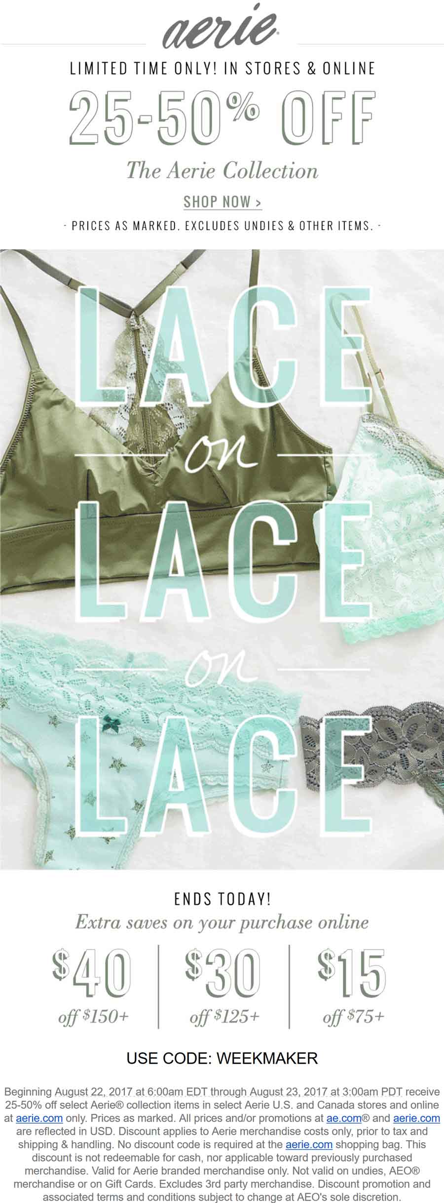 Aerie Coupon April 2024 25-50% off the collection at Aerie, or $15 off $75 & more online via promo code WEEKMAKER