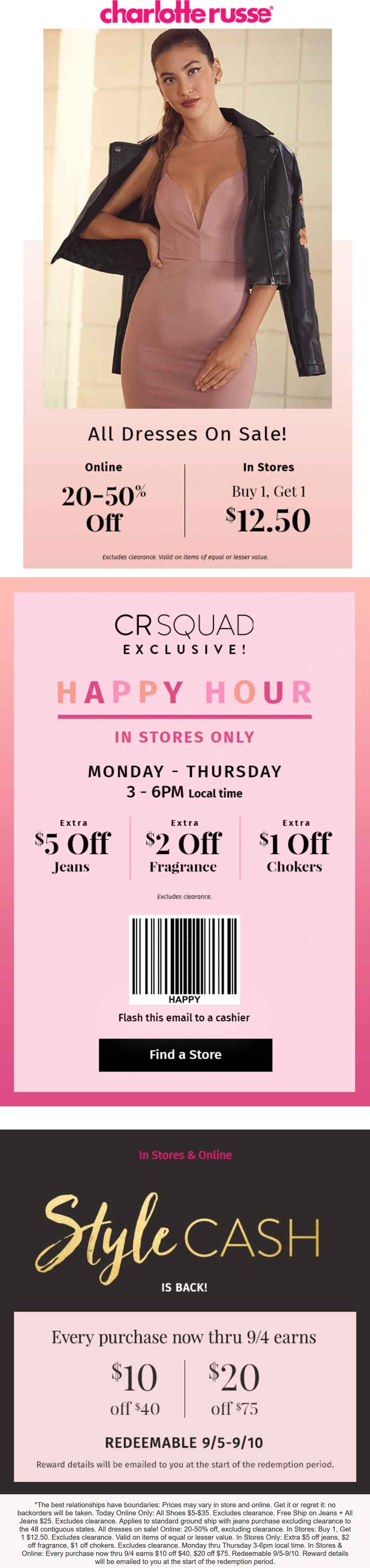 Charlotte Russe Coupon March 2024 Extra $5 off jeans & more 3-6p at Charlotte Russe