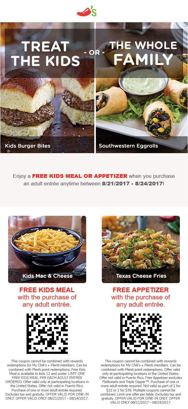 Chilis Coupon April 2024 Free appetizer or kids meal with yours at Chilis