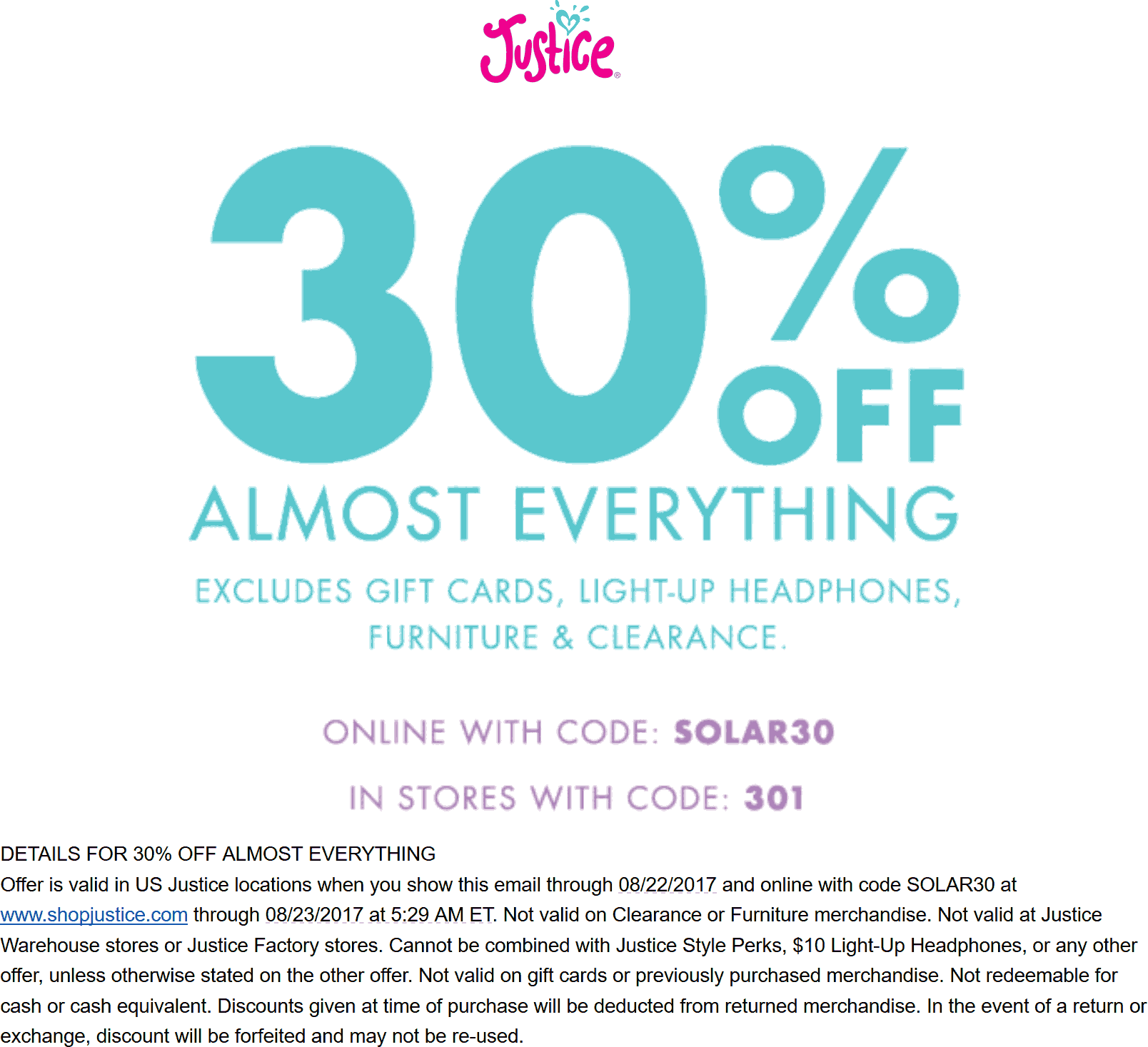 Justice Coupon April 2024 30% off everything today at Justice, or online via promo code SOLAR30