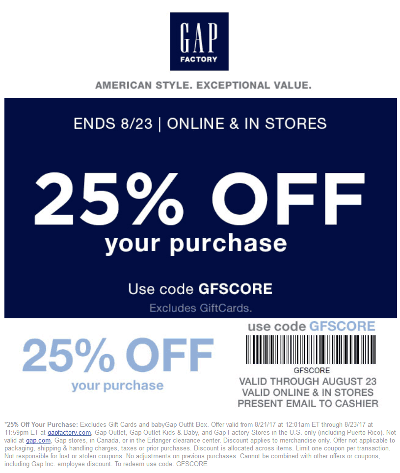 Gap Factory Coupon March 2024 25% off today at Gap Factory, or online via promo code GFSCORE