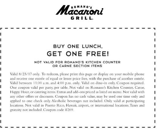 Macaroni Grill Coupon April 2024 Second lunch free today at Macroni Grill